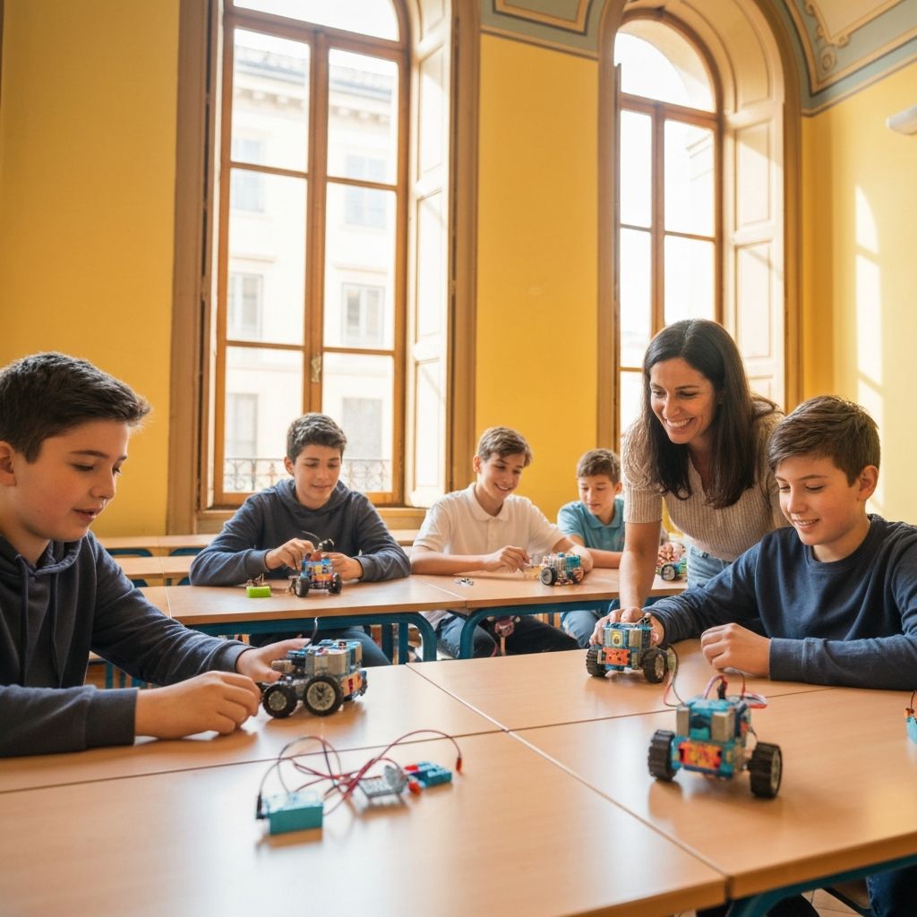 Studenti che programmano robot in classe